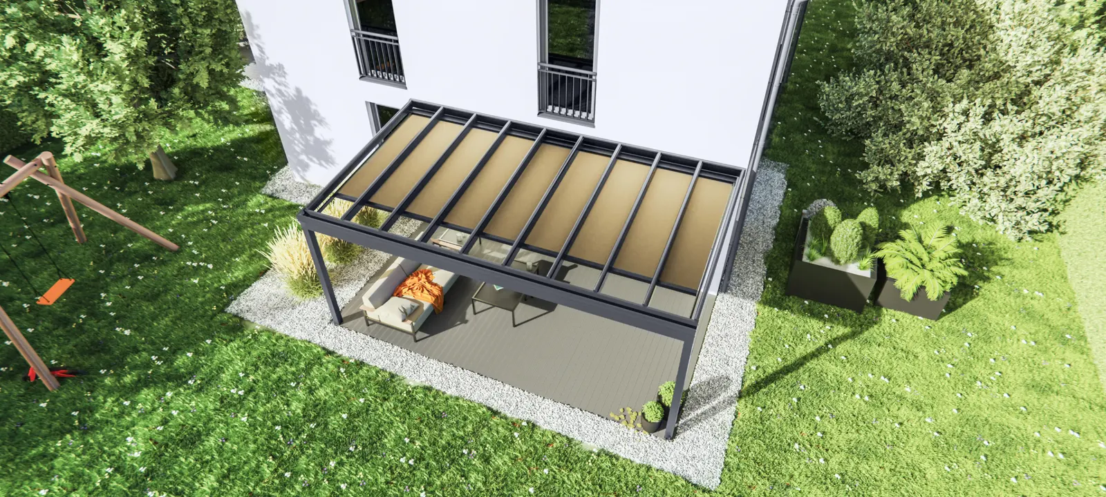 Terrassenüberdachung aus Aluminium – Luftaufnahme