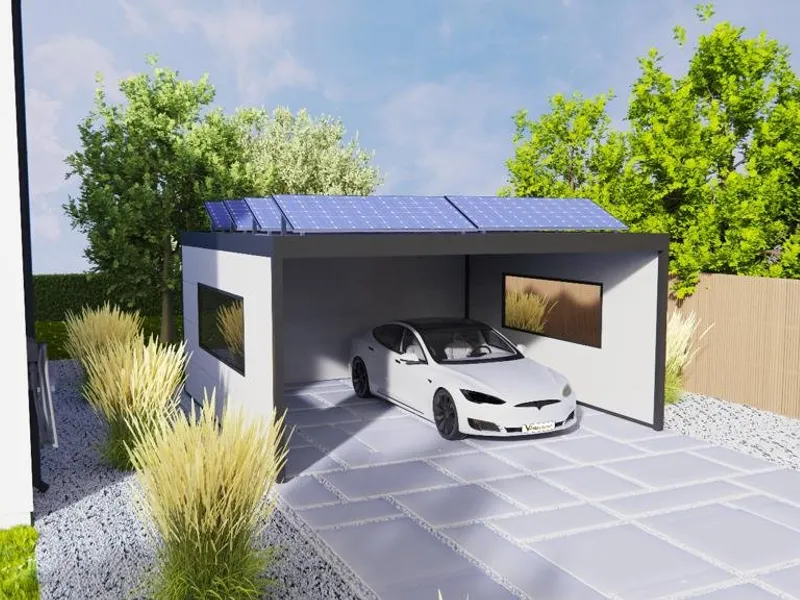 Flachdach Flat Box – geschlossene Ausführung mit Seitenteilen und PV-Modulen