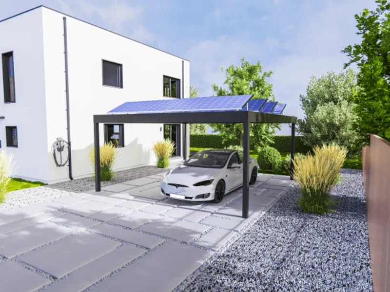 Flachdach Flat Line – offene Ausführung mit PV-Modulen über einer Einfahrt